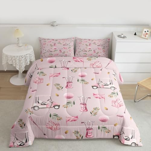 Image of Feelyou Pink Golf Comforter Set Twin Size Leaves Bedding Set for Kids Boys Girls Sports Golfing Theme Duvet Quilt Bedroom Decor Microfiber 2 Pcs with 1 Pillow Cases