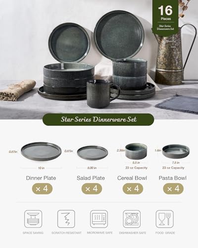 Image of Famiware Star 16-Piece Stoneware Dinnerware Sets, Service for 4 - Shallow Pasta Bowls & Flat Plates, Modern Rustic Reactive Glaze Dishes, Chip /Scratch Resistant, Microwave /Dishwasher Safe, Deep Forest