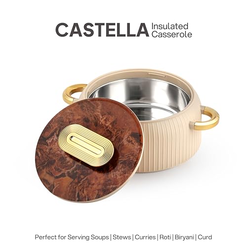 Image of CELLO Castella 1500 Insulated Steel Casserole Hot Box For Kitchen 1500ml Gold Beige |Double Wall Airtight Serving Hot Pot Case Keeps Food Hot & Warm For Long Hours, Casserole Set For Roti Chapati Rice