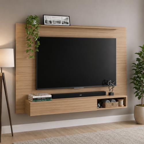 Image of FURNEASER Reyroy Wall Mounted TV Unit for Living Room | Wooden TV Panel with Floating Cabinet & Storage Shelf | Modern Entertainment Unit for Upto 60 Inch TV (Exotic Teak)