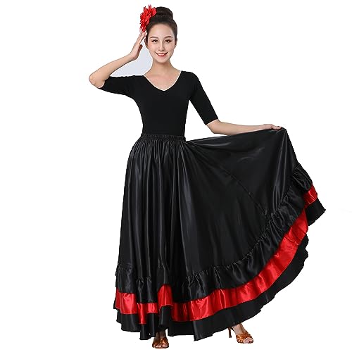 SANCAN Womens Ruffle Full Long Spanish Bull Folkloric Mexican Flamenco Bomba y Plena Skirt Flowy Dancing Dress Costume