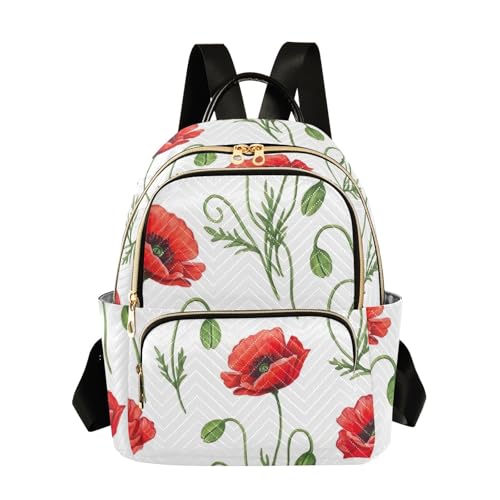 ODAWA Sac à dos décontracté pour femme avec fleurs de coquelicot rouge vert et blanc, Fleurs de coquelicot rouge, vert et blanc, Medium, Sacs à dos de jour