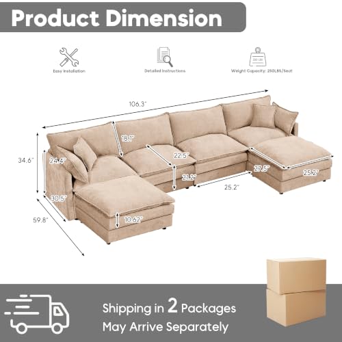 Image of 106.3 inch U Shaped Modular Sectional Sofa, Comfy Upholstery Chenille Cloud Couch with Ottoman, Modern 4-Seat Deep Seat Sofa with Pillow for Living Room, Bedroom, Apartment, Coffee Brown
