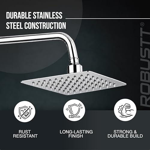 Image of Robustt 6x6 inch High Pressure Overhead Shower Head for Bathroom With 7.8 inch Shower arm | 360 Rotatable Neck | Anti-Rust Chrome Finish ABS Body | Anti-Clog Easy Clean Silicone Nozzles Bath Shower