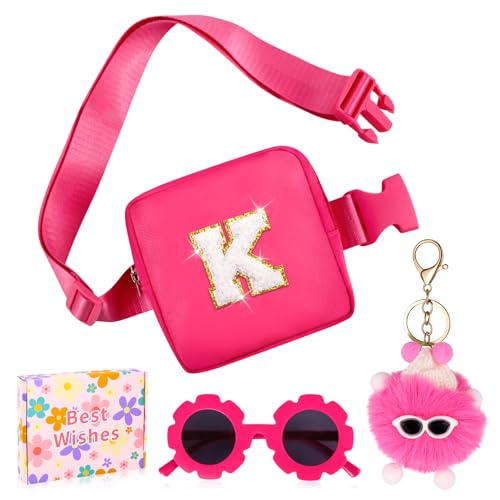 WINOWIMO Personalized Mini Fanny Pack for Kids with Sunglasses & Cute Keychain, Small Initial Belt Crossbody Bag Purse for Teen Girls, Birthday Gifts for 3 4 5 6 7 8 9 10 Years Old Kid (K, Rose Pink)