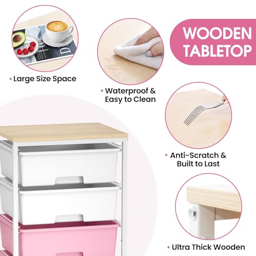 6-Schubladen-Rollwagen mit Holzplatte - Starker Rollcontainer aus Kunststoff, mobiler Aufbewahrungswagen für Büro, Kinderzimmer & Bastelraum - Badrollwagen mit feststellbaren Rädern,Rosa