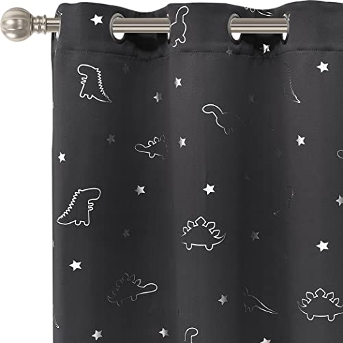 LORDTEX Dinosaur and Star Foil Print Blackout Curtains for Kids Room | Thermal Insulated Curtains Noise Reducing Window Drapes for Boys and Girls Bedroom, 42 x 63 Inch, Grey, Set of 2 Panels