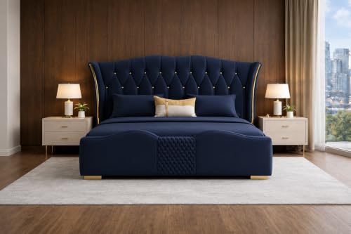 Image of Upholstered King Size Bed with Box Storage for Bedroom | Wooden Double Bed with Wooden Ply with Storage | Platform Cot Palang with Headboard | 6.5 x 6 Ft | Sheesham Wood | Navy Blue
