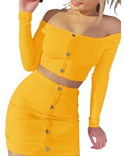Women's Polyester Slim Fit Sexy Solid Round Neck Split Skirt Outfits Set of 2| Size-XL | Color-Yellow-image-47