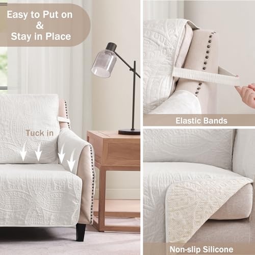 Pamhaven Quilted Sofa Slipcovers with Pockets, Anti-Slip Medallion Designed Couch Covers for 3 Cushion Sofa, Couch Cover for Dogs Cats Water-Repellent Machine Washable (Large Sofa 68\", White)