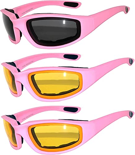 Image of OWL 3 Pack Motorcycle Riding Glasses, Padded Sport Sunglasses, Assorted Colors for Men and Women