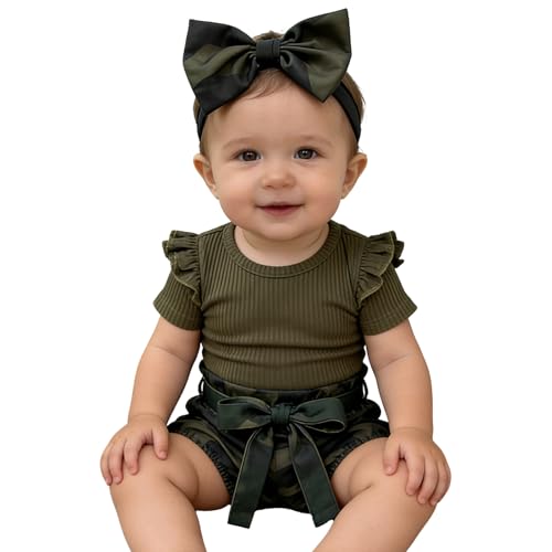 Image of Sanpersonlin Newborn Baby Girl Set Ruffled Sleeve Romper Polka Dots Shorts Bloomers Bowknot Headband Boutique Clothes