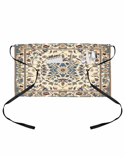 PIEPLE Boho Southwestern Server Apron Waitress Aprons with 3 Pockets, Vintage Retro Geometric Ethnic Half Waist Waiter Aprons Restaurant Chef Aprons for Women Men