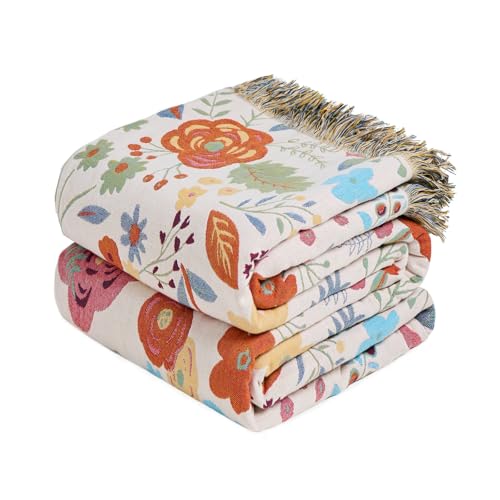 Image of MSGKV Boho Throw Blanket 50 inchx60 inch Fall Cotton Floral Blanket for Couch