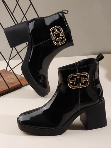 Image of ELLE Women's Glossy Platform Ankle Bootie Chunky Heel with Gold-Tone Emblem