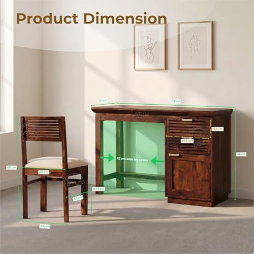 Image of NSH Solid Sheesham Wood Study Table with Chair | Wooden Writing Desk with Drawer & Door Storage | Pre-Assembled Computer Desk Workstation for Home Office & Study Room | Teak Finish