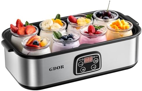 GDOR Yogurt Maker Machine with Adjustable Temp & Time, 48H Timer Digital, 8×6oz BPA-Free Glass Jars for Homemade Probiotic Yogurt, Auto Shut-Off, Stainless Steel Body