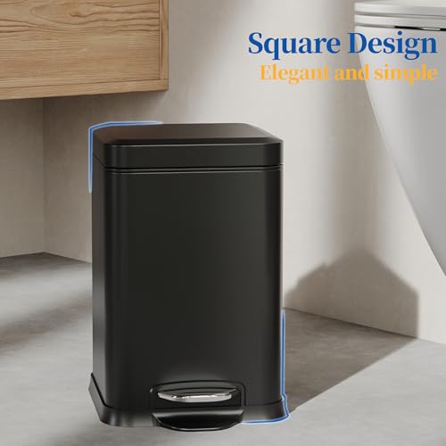 Image of Ruacq Small Bathroom Trash Can with Lid Soft Close,Step Pedal, 1.6 Gallon /6 Liter Bathroom Garbage can with Removable Inner Bucket,Stainless Steel Trash Bin,Anti-Fingerprint Finish (Matt Black)