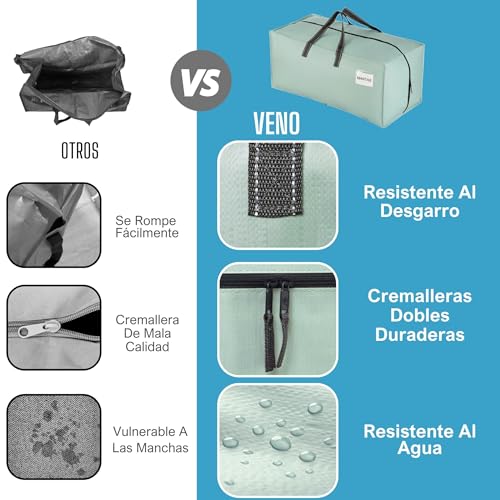 Miniatura 5 de Veno Pack De 2 Bolsas De Mudanza, Almacenamiento Extra Grande Con Correas De Mochila, Cremalleras Y Asas Resistentes, Bolsas De Lavandería Para Guardar Ropa Y Embalar Verde Claro,Pack De 2