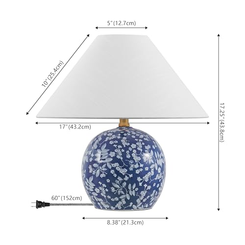 JONATHAN Y 17.25" Blue/White Modern Cottage Floral Ceramic Globe Table Lamp for Bedroom, White Linen Shade, LED Bulb Included, French Country Home Decor JYL5508A by JONATHAN Y - Image 3
