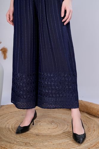 Image of VIVIKA Chikankari Palazzo Pants for Women |Rayon Wide Leg Ethnic Palazo with Embroidery | Comfortable Elastic Waist Women's Palazzo for Casual, Festive & Office Wear