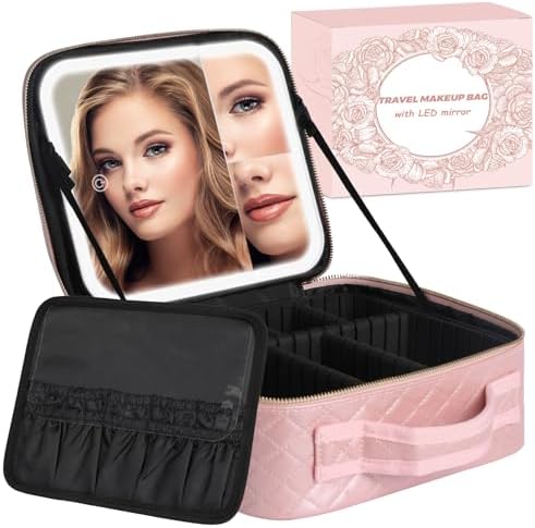 MAYFIY Makeup Bag with LED Lighted Mirror| Portable Makeup Organizer Train Case with 2X/3X Magnification & 3 Color Lights for Precision, Adjustable Brightness| Elegant Gift Packaging, Pink