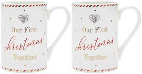 Mad Dots Set of 2 Boxed Christmas Mugs with Diamante Heart - 1st Christmas Together, White,gold,red