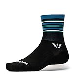 Swiftwick - ASPIRE FOUR, Quarter Crew Socks for Cycling and Trail Running, Stripe Black/Steel Blue/Aqua, Medium