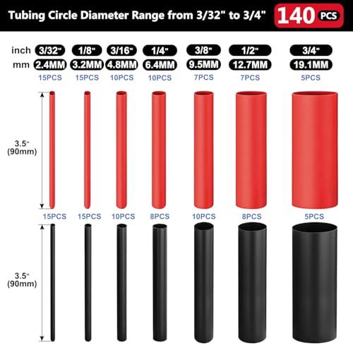 Kit de tubo termorretractil 3:1 para aislamiento eléctrico, 140 piezas negro y rojo 3