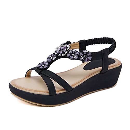 ls Ladies Shoes Sweet Ladies Flowers Rhinestone Flat ls Casual Flat Shoes Bohemia (Color : Black Size : 6) (Black 8)