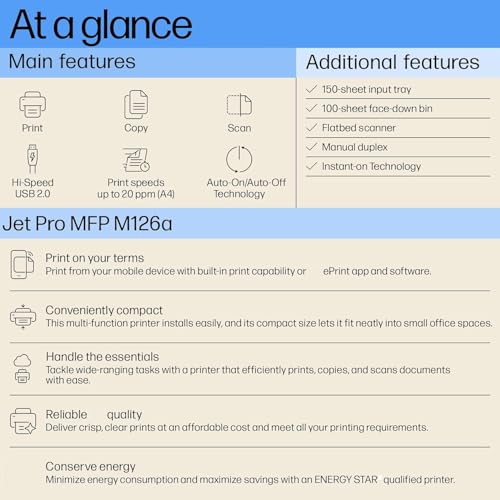 Image of Printer Laser Jet Pro MFP M126A Printer, Copy, Scan, Hi Speed USB 2.0, Free with Data Cable Up to 21 ppm, 150-sheet Input Tray, 100-sheet Output Tray, 8000 Page Duty Cycle Black and White
