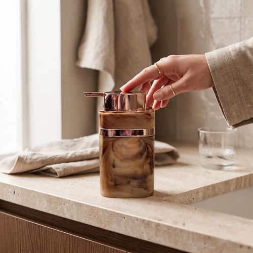 Image of Luxe Home International Marble Pattern Plastic Soap Dispenser for Bathroom and Kitchen Sink Leak Proof Liquid Hand Wash Square Bottle Lightweight Smooth Finish (13.5x7 cm Brown) Pack of 1