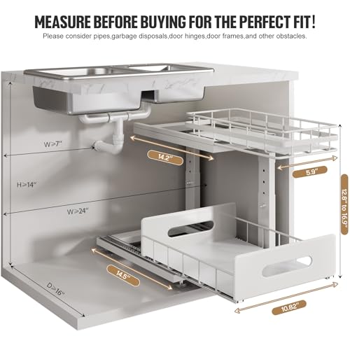 Image of Under Sink Organizer Upgrade To Professional Rails,2-Tier Dual Pull Out Cabinet Storage,Height Adjustable Slide Out Drawers For Bathroom Kitchen,2 Pack-14.5 inch Dx12.8-16.9 inch H,White