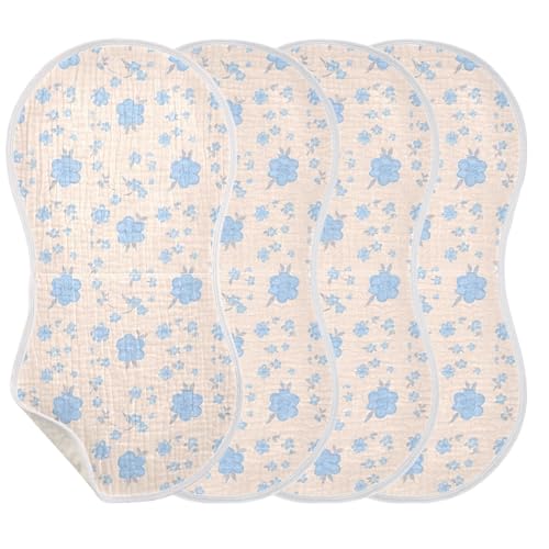 4 Pack Baby Burp Cloths, Soft Absorbent Burping Cloths for Babies, Cotton Milk Spit Up Rags, Large Size for Newborns, Baby Boys and Girls (Blue Florals)