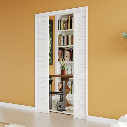 Image of 36 inch(2 x 18) x 80 inch Sliding Pocket Door, Louvered Pantry Doors with Frame and Hardware Kit, Interior Door, White Primer Closet Doors - No Panel Assembly Required