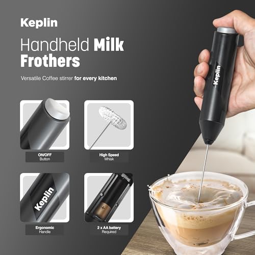 Keplin Handheld Milk Frother - Stainless Steel Electric Whisk - Portable Battery-Operated Coffee Frother for Lattes, Matcha, Protein Shakes - Ergonomic, Compact, Easy to Clean (Black) - Image 4