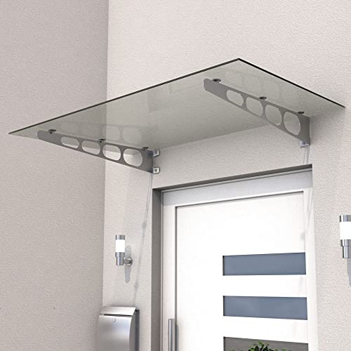 Pensilina in acciaio inox e vetro laminato trasparente, tettoia per esterno, 140cm x 90cm