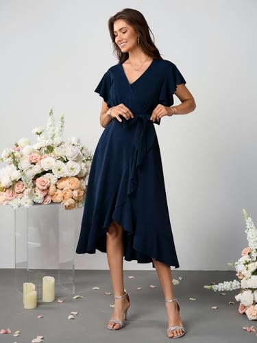 Womens Wedding Guest Midi Dress Flutter Sleeve V Neck Wrap High Low Bridesmaid Cocktail Formal Dresses for Women4