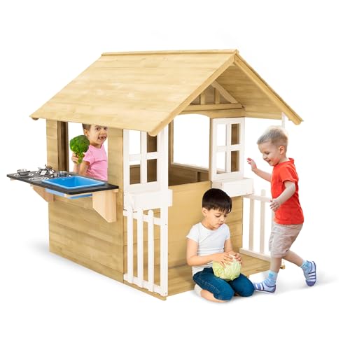 Image of TP Toys Outdoor Kids Kitchen Playset Wooden Playhouse for Kids - Toddler Pretend Play Kitchen, Accessories, Sturdy, Weatherproof, Door, Windows, Sink, Wood Burner Stencils, Easy Assembly, Ages 3+