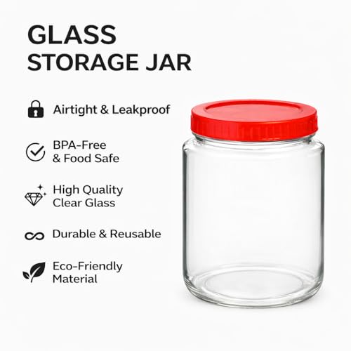 Image of 1000ml Glass Storage Jar with Airtight Red Lid, 1KG Kitchen Container for Rice, Pulses, Dry Fruits, Transparent Thick Glass Pantry Organizer