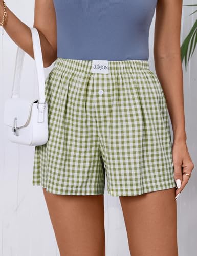 Image of LOMON Womens Boxer Shorts Casual Summer 2026 Pajama Lounge Sleep Pj Gingham Plaid Shorts Y2K Beach Bottoms
