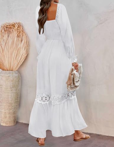 ZESICA Women's 2025 Boho Long Sleeve Square Neck Smocked High Waist Flowy A Line Lace Trim Maxi Dress White L - Image 4