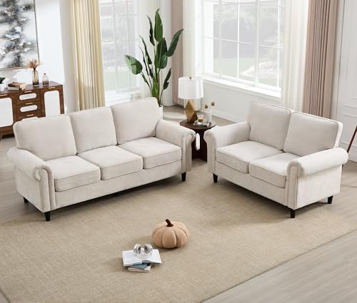 Image of Kingfun Loveseat 2 & 3 Seater Couch with Chair, Mid Century Modern Chenille Sofa Set with Rolled Arms and Deep Seats, Fluffy Comfort for Living Room, Apartment, Easy Assembly, Beige