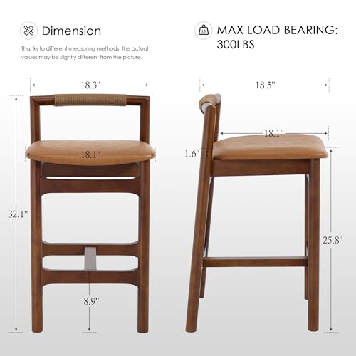Image of Zesthouse Wood Bar Stools Counter Height Set of 2, 26 inch Mid Century Modern Kitchen Island Chairs with Woven Paper Cord Accent Backs & Solid Wooden Legs, Boho Counter Stools, Brown Leather+Walnut Finish