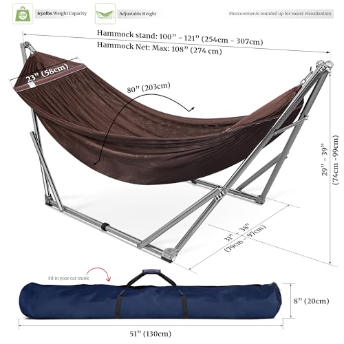 Tranquillo Double Hammock with Stand 650lb Capacity Double Hammock with Spreader Bar, Solid Grade 201 Stainless Steel 30s Set Up, Sturdy Flexible Hammock Stand Portable, Outdoor Indoor, Brown