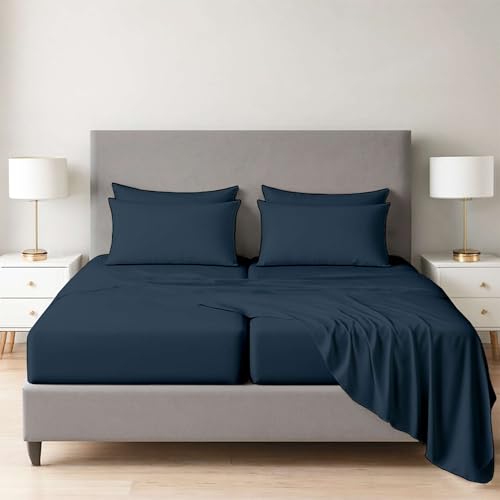 7 Piece Split California King Bed Sheet Set, Ultra Soft & Wrinkle Free, Fits Between 12" to 16" Deep, Easy Care Brushed Microfiber, Breathable and Cooling Bedding, Navy Blue Solid