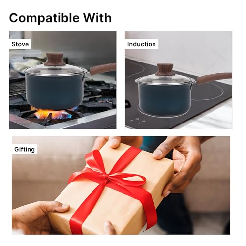 Image of The Better Home Triply Saucepan (16cm, 1.4L) with Lid (Blue) | 2.5mm Thickness | Tea Saucepan | Milk Boiling Pot | Gas & Induction Cookware | Cooking Pot (Blue)