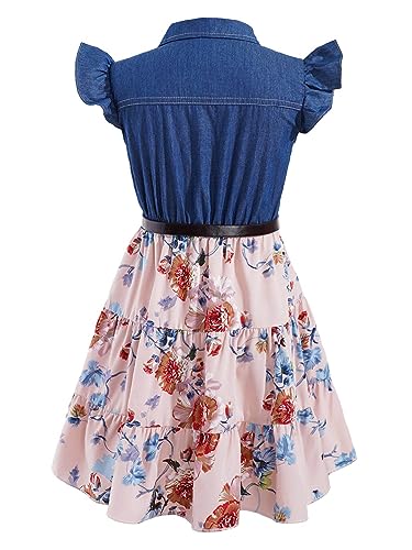 Shinsto Girls Jean Dress Summer Floral Print Denim Tutu Skirts with Belt Flying Sleeve Princess Dresses2