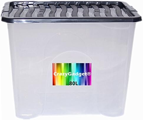 CrazyGadget® 80L 80 Litre Extra Large Big Plastic Storage Clear Box Strong Stackable Container - Made In U.K. - Pack of 3