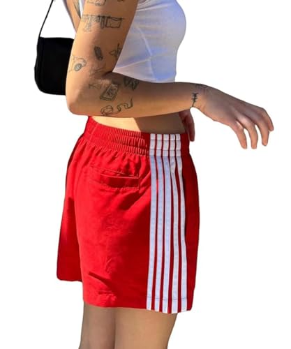 Women Athletic Sweat Shorts Side-Striped Y2k Summer Elastic Waist Workout Loose Wide Leg Lounge Shorts with Pockets